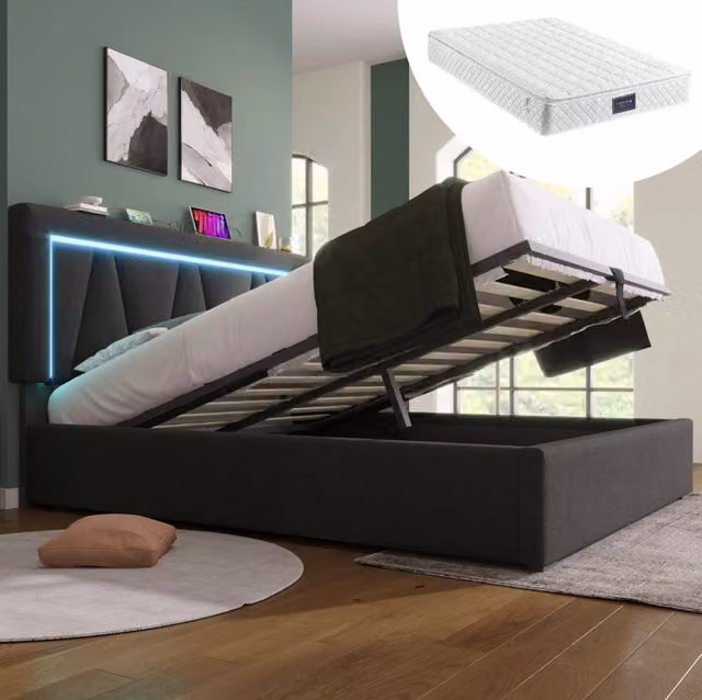 Letto matrimoniale 140x200 con contenitore; LED; USB e Type-C; lino grigio; materasso incluso