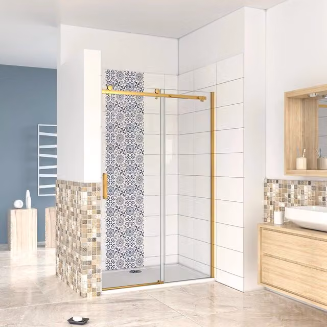 Box Doccia Per Nicchia Porta Scorrevole Ingresso Laterale in Vetro 8 mm Temperato Trasparente Anticalcare Telaio Cromato Lucido Finitura Oro 140x195 cm