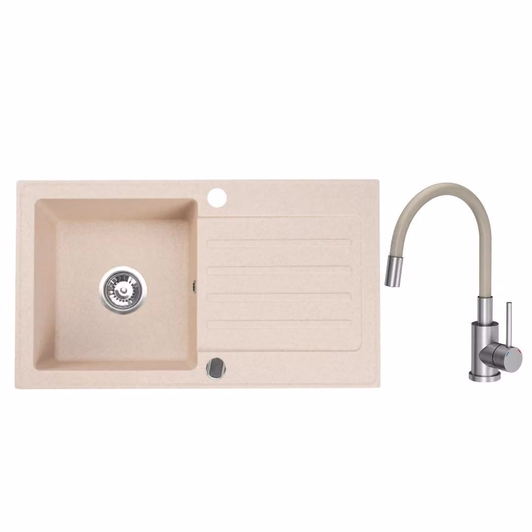 VBChome Lavello in granito 76 x 44 cm Beige con rubinetto flessibile Lavello da incasso a vasca singola Reversibile Speckled Lavello di facile manutenzione con sifone