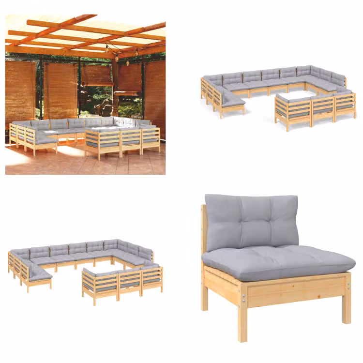 vidaXL 13 pezzi set salotto da giardino con cuscini grigi in legno di pino - Set salotto da giardino - Set salotto da giardino - Set mobili da giardino - Set mobili da giardino
