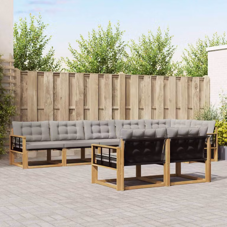 Set di divani da esterno a L vidaXL in legno di acacia con cuscini, 8 pezzi, Bianco e Grigio