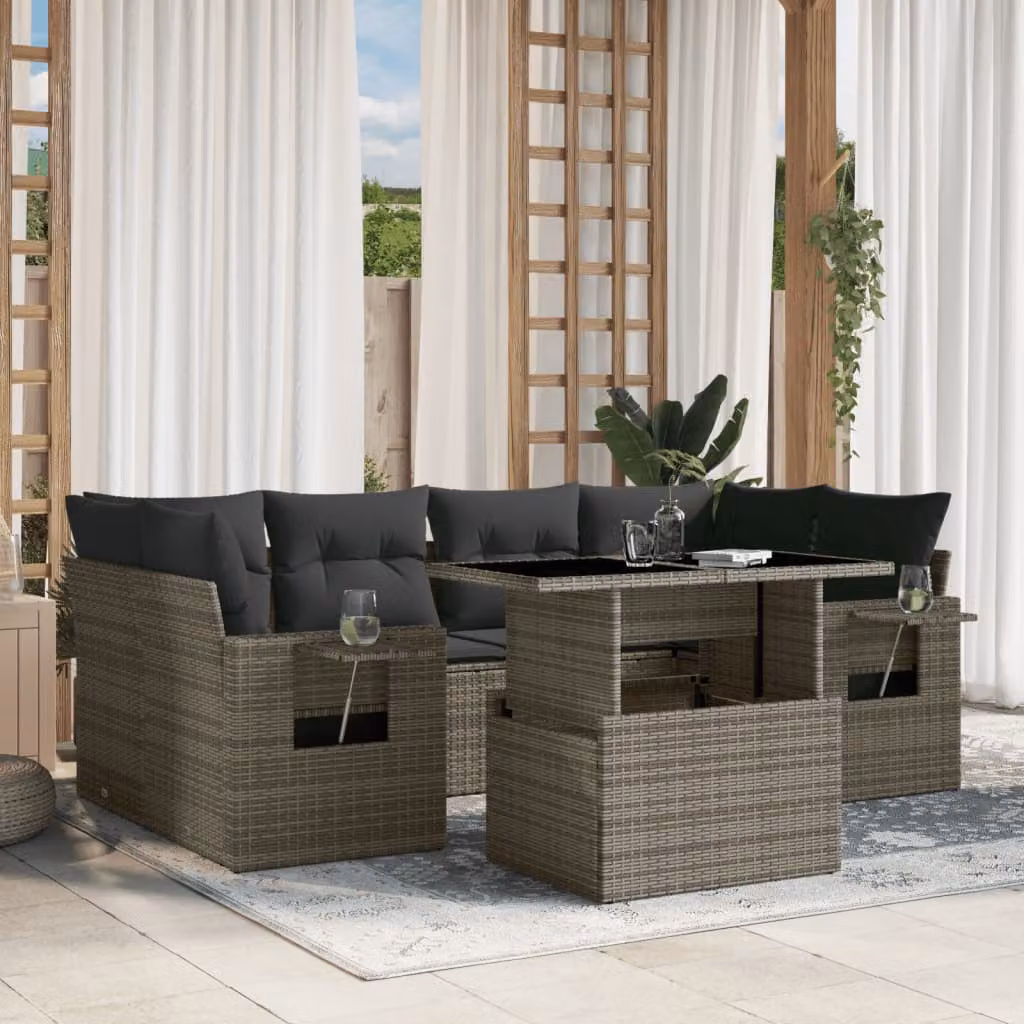 Set di divani da giardino vidaXL in polyrattan grigio con cuscini, tavolino e sedute a L per esterno – 1