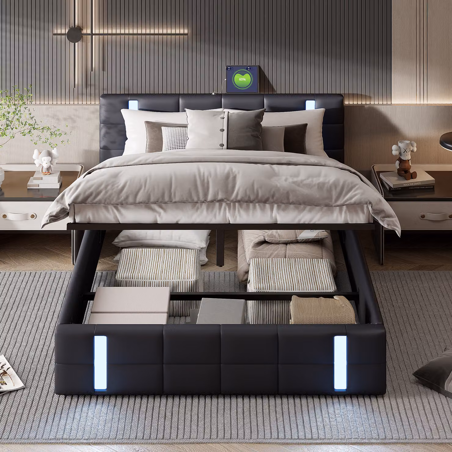 Letto imbottito con LED/USB, letto a molle idrauliche 140x200cm con rete a doghe e contenitore, letto matrimoniale in legno letto per ragazzi in Pelle finta, nero