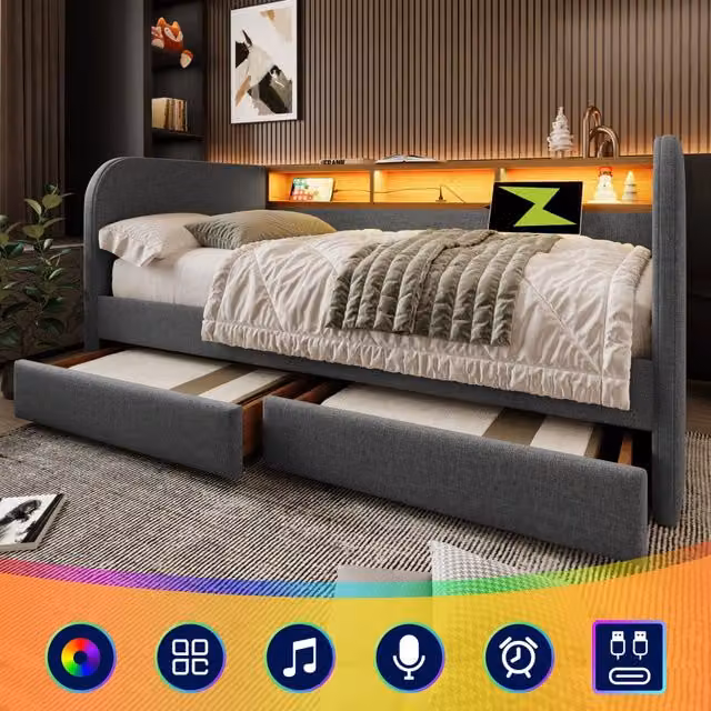 Letto giorno funzione led e usb c lino grigio 140x190 cm
