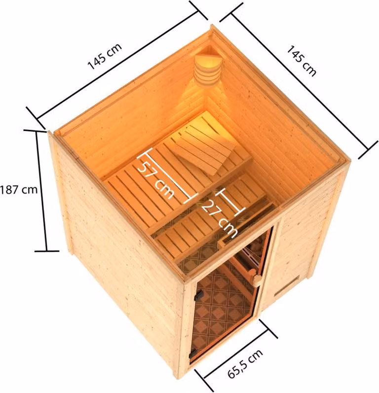 Sauna Woodfeeling Sandra (ingresso frontale), porta tutto vetro, bronzata, senza accessori