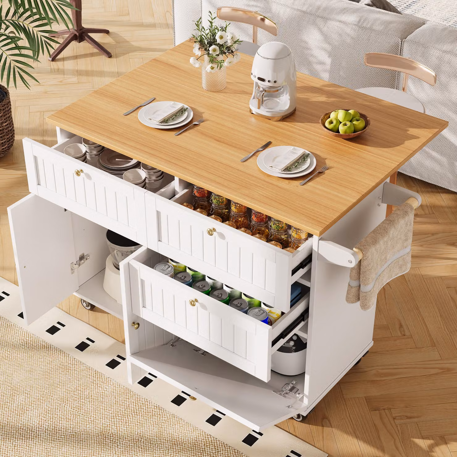 Isola da cucina con spazio contenitivo, isola da cucina bianca in MDF e metallo, carrello da cucina mobile con piano ribaltabile, dimensioni 133 x 70 x 88 cm