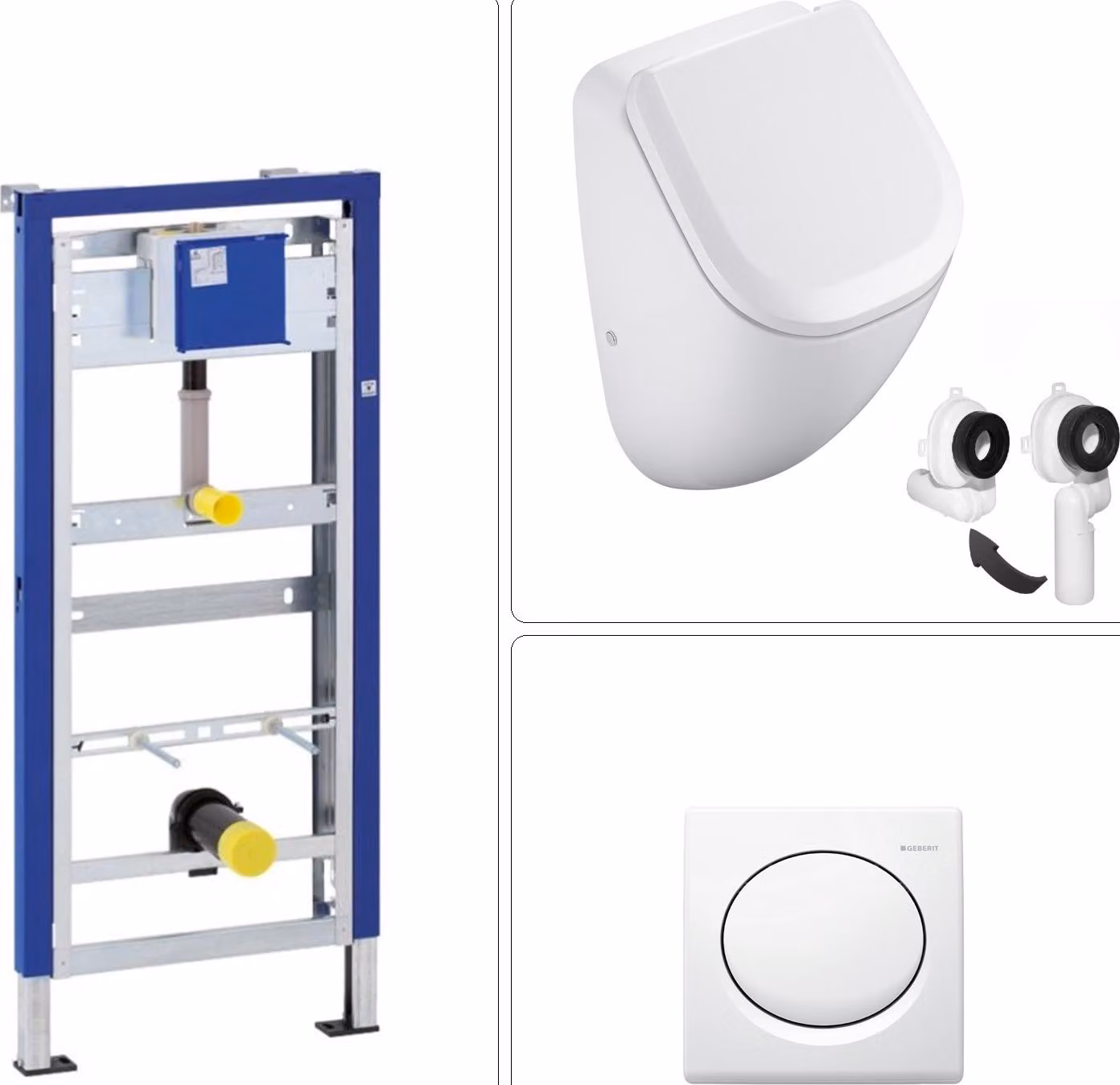 Orinatoio senza bordo VIGOUR DERBY con coperchio SoftClose, telaio da incasso e piastra da incasso GEBERIT, bianco