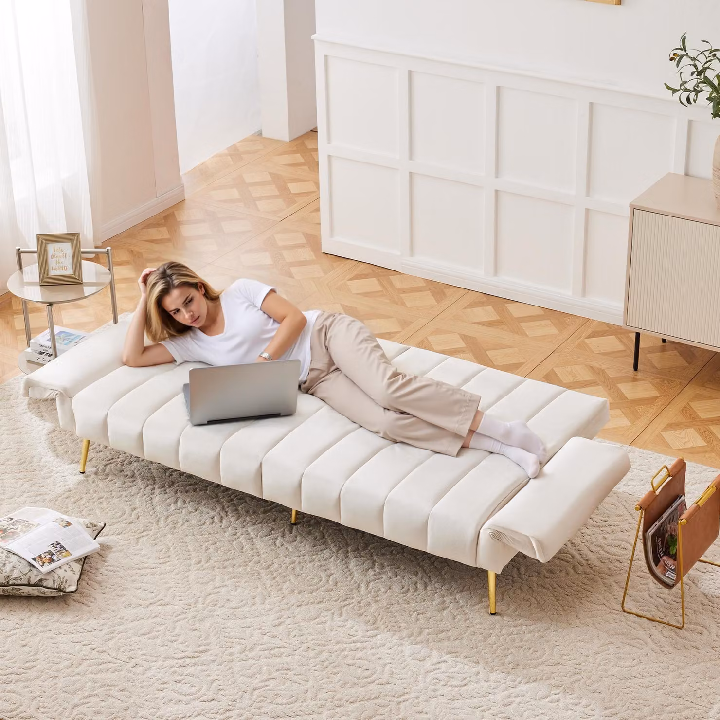 Abrihome Divano letto pieghevole con schienale regolabile in 5 posizioni, funzione letto, tessuto in velluto, beige
