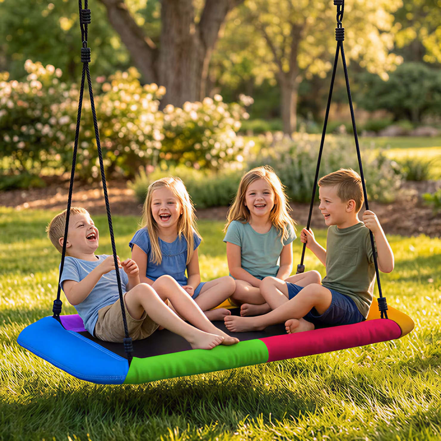Altalena a nido AIYAPLAY regolabile in altezza con corde, portata fino a 300kg, per bambini 3-8 anni, Multicolore, L: 148 cm, P: 77 cm, H: 180 cm – 2