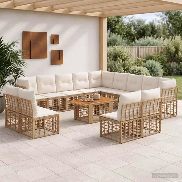Set Divano da Giardino vidaXL 14 Pezzi a Forma di U in Polyrattan con Tavolino e Cuscini Beige e Bianco