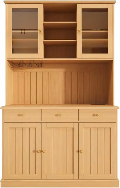 Buffet alto 120×40×191 cm con ante in vetro, porta bicchieri integrato e prese USB-A/USB-C, colore naturale