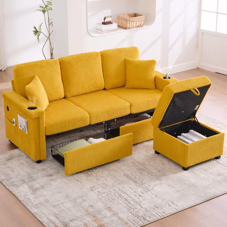 LVHOM Divano angolare modulare con LED e USB, divano a 3 posti con pouf e cassetti, divano imbottito in tessuto a coste, giallo