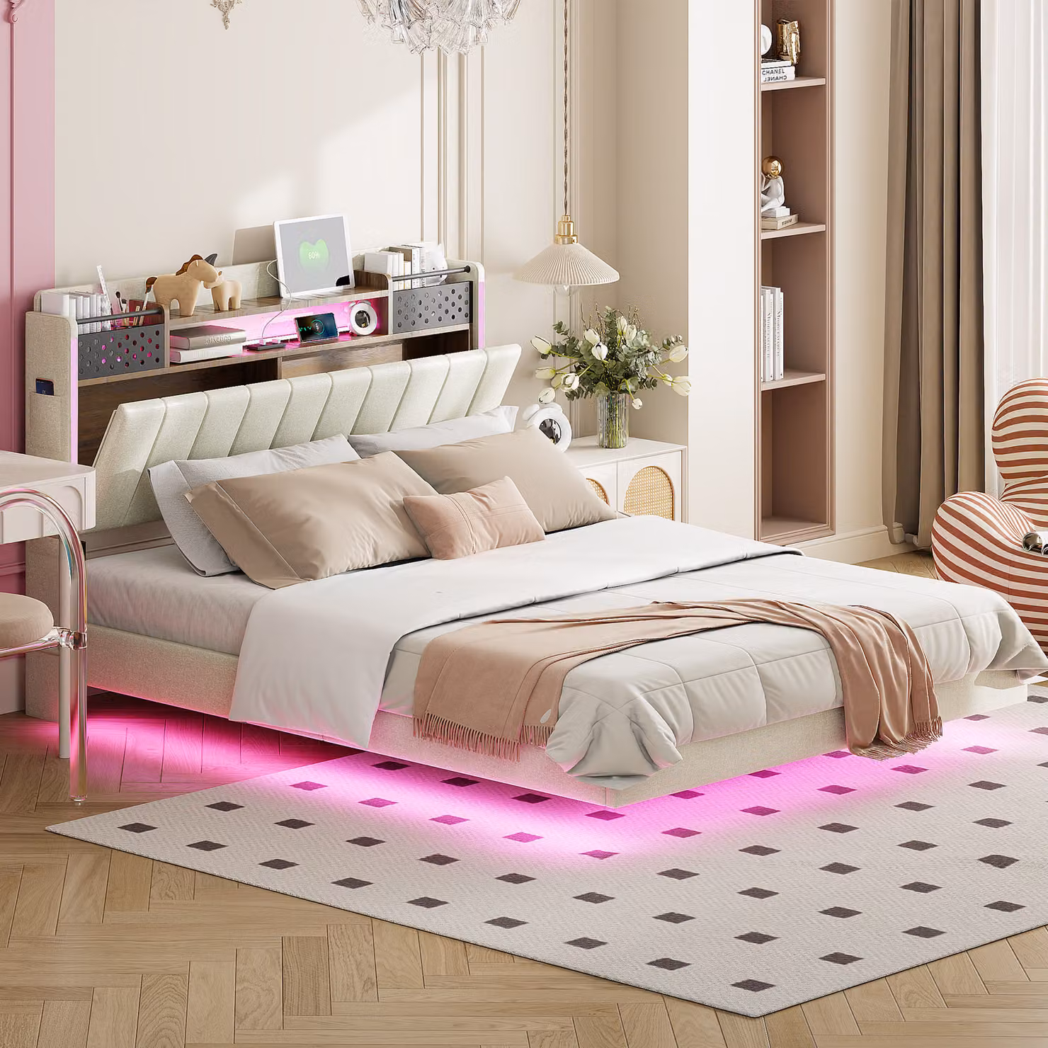 Letto imbottito Sweiko 140*200 con illuminazione a LED e presa USB, testata con contenitore, letto galleggiante letto per giovani letto per adulti, tessuto di lino, beige