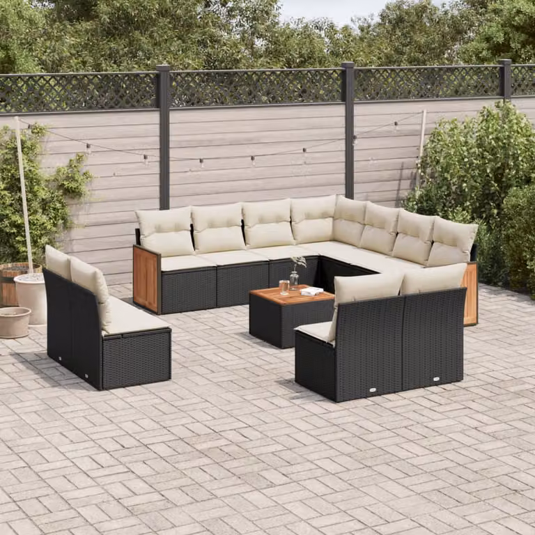 vidaXL Set Divani da Giardino 12 pz a Forma a U in Polyrattan Nero con Cuscini e Tavolino da Esterno