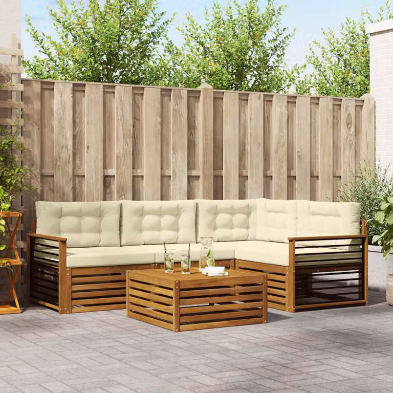 Set di divani da esterno vidaXL 5 pezzi in legno di acacia con cuscini, colore beige, bianco e marrone