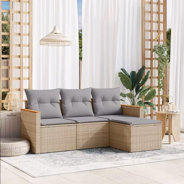 Set Divano da Giardino 4 pz vidaXL in Polyrattan con Cuscini Beige e Struttura in Legno di Acacia