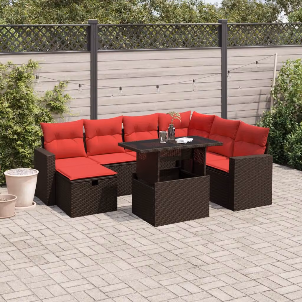 Set Divani da Giardino vidaXL 8 pz in Polyrattan Marrone con Cuscini e Tavolino da Esterno