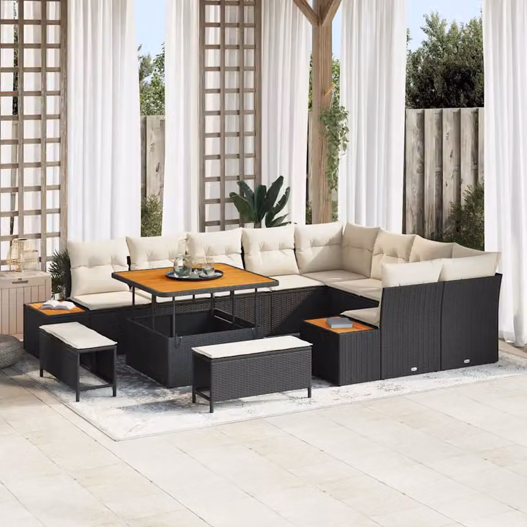Set Divano da Giardino vidaXL 12 Pezzi Nero con Cuscini e Tavolino da Esterno