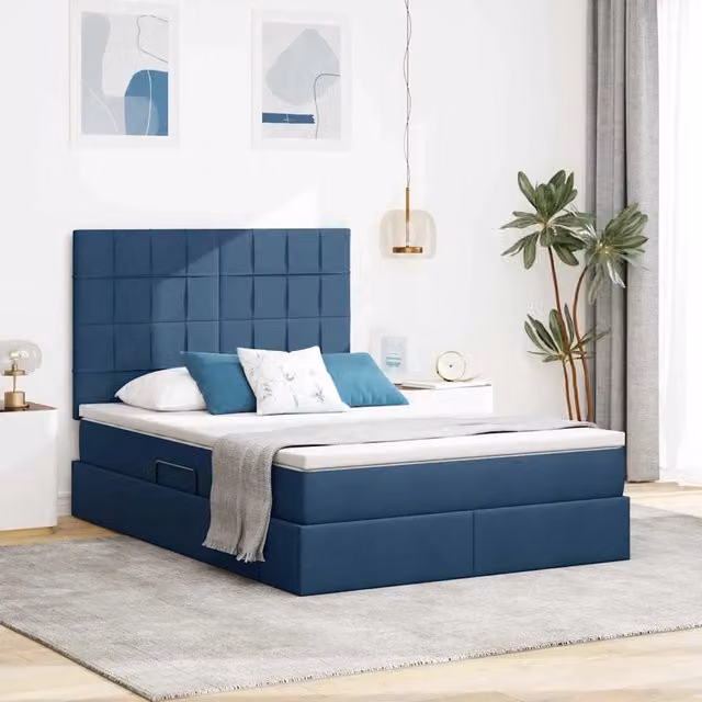 Letto con contenitore e illuminazione LED vidaXL in tessuto blu con porta USB, L/P: 140 x 190 cm