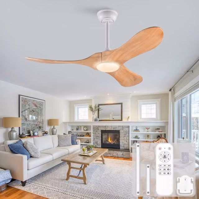 Ventilatore da soffitto con illuminazione LED e telecomando, 3 pale in legno massello naturale, 42 pollici, reversibile, 6 velocità e timer, bianco e legno