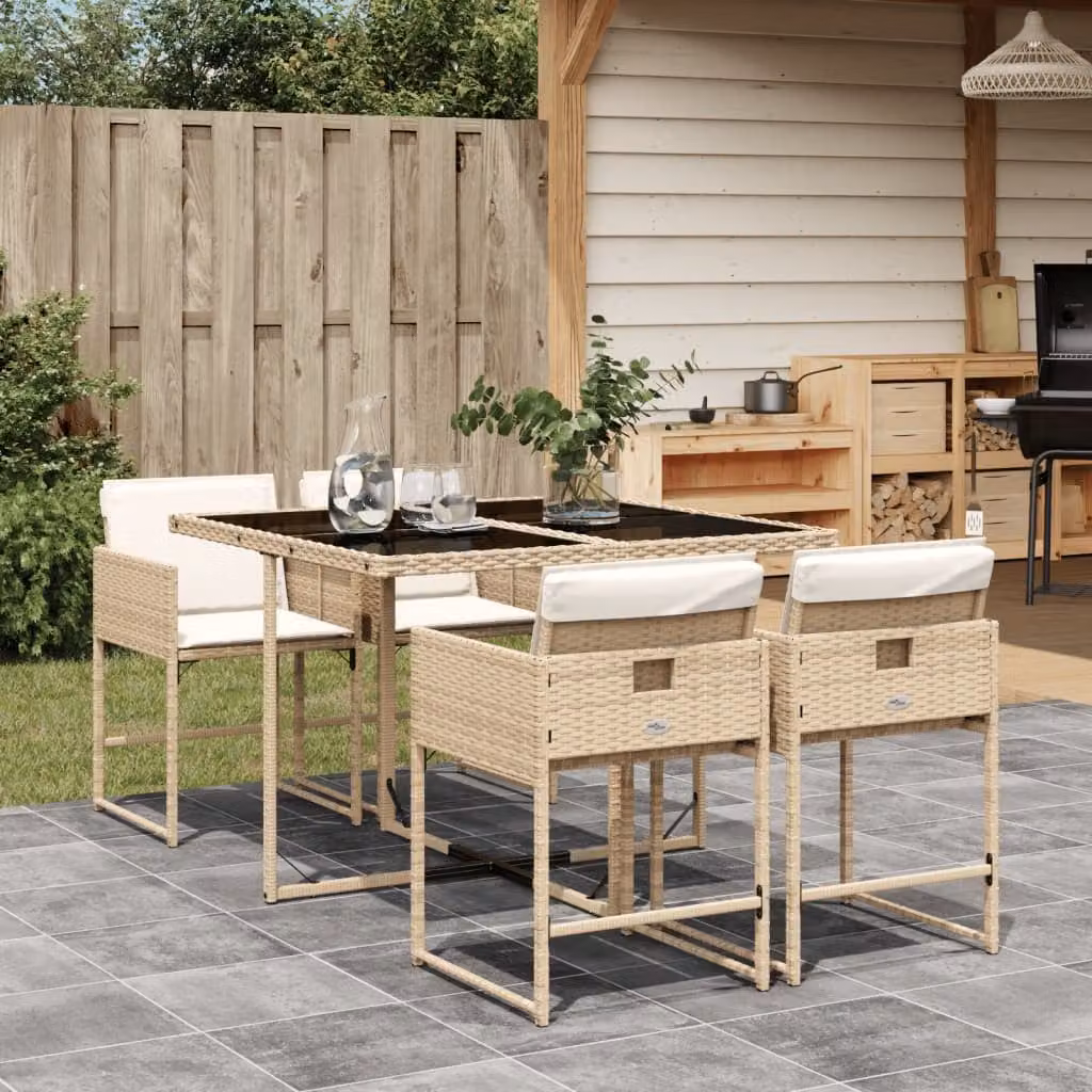 vidaXL Set da Pranzo da Giardino 5 pz in Polyrattan con Cuscini Beige e Tavolo in Vetro – 1
