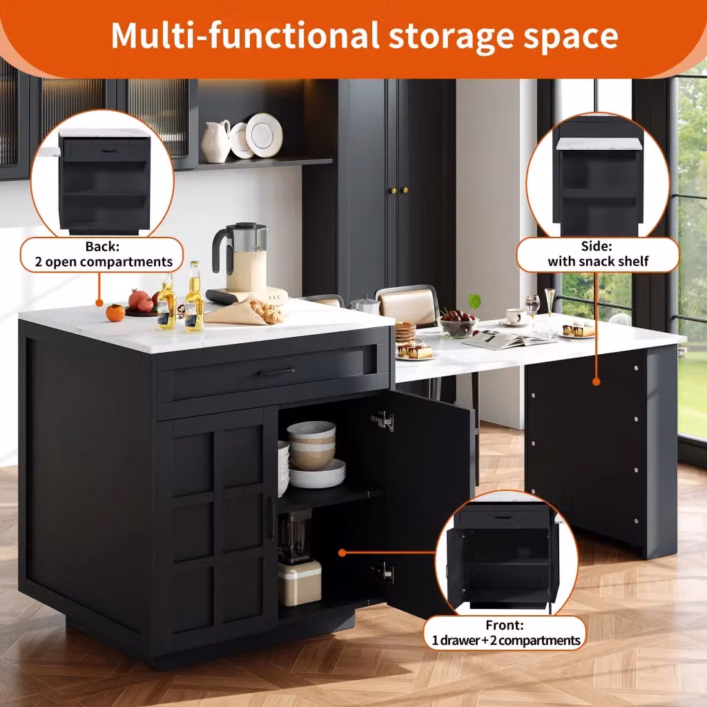 Tavolo Bar Estensibile REDOM Nero in MDF con Vani e Cassetto L: 133-202 cm, P: 70 cm, H: 93,5 cm – 2