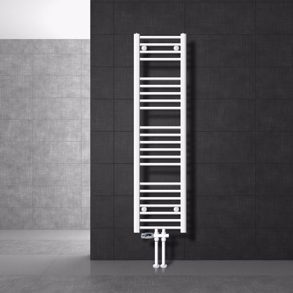 LuxeBath Radiatore da bagno attacco centrale 300 x 1400 mm bianco diritto con termostato e set di collegamento attraverso il pavimento bianco - Radiatore, senza elemento riscaldante