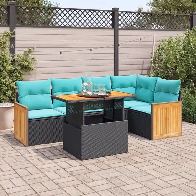 Set Divano da Giardino 6 pz con Cuscini Nero Polyrattan Acacia 3327711