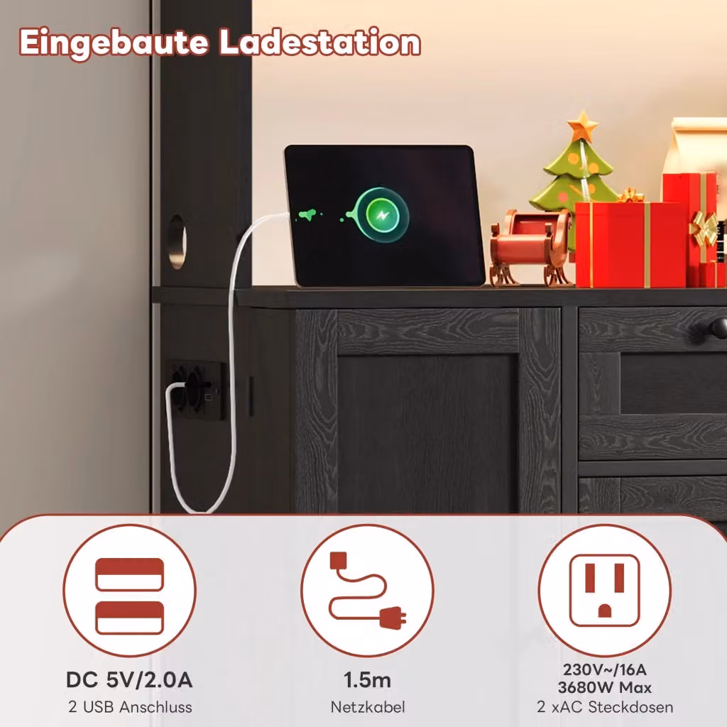 Buffet moderno REDOM in MDF nero opaco con illuminazione LED e vetro L: 180 cm, P: 105 cm, H: 40 cm – 2