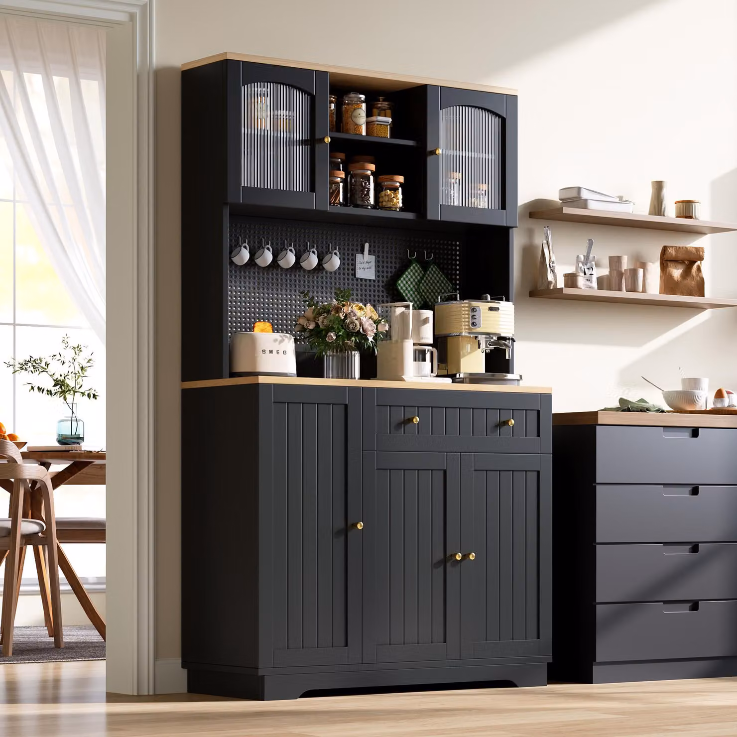 Armadietti da cucina Flieks con porta e ripiani regolabili, mobile alto 103,5x40x180 cm, mobiletto contenitore, colore nero