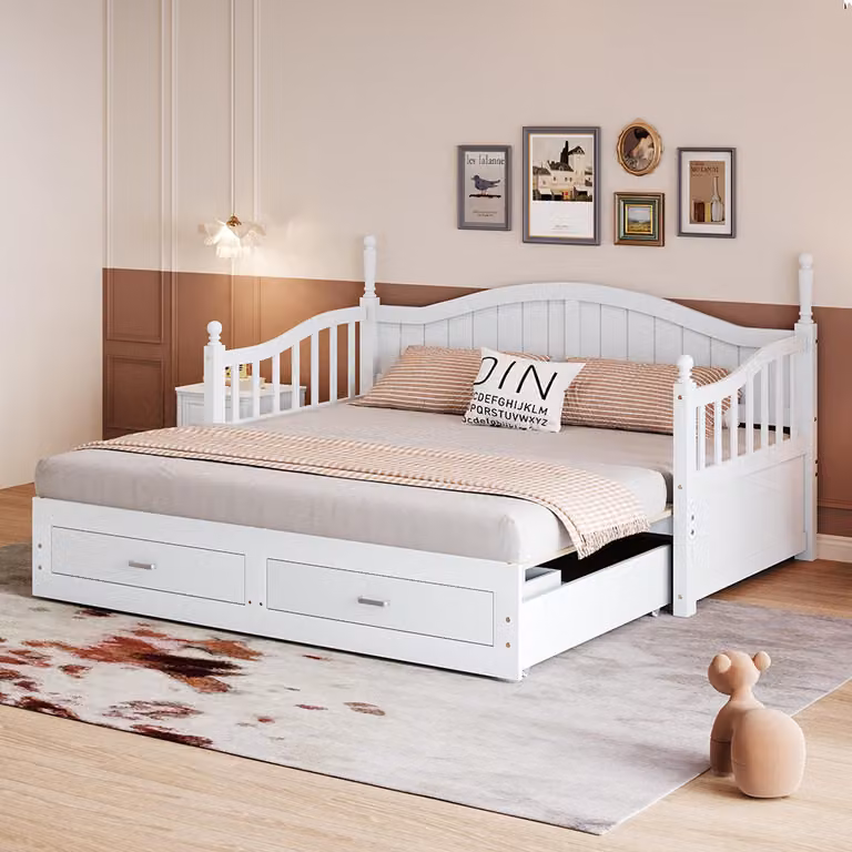 Divano letto Sweiko in legno massiccio 90/180x190 cm, con cassetti e rete a doghe, letto multifunzionale in legno di pino, bianco