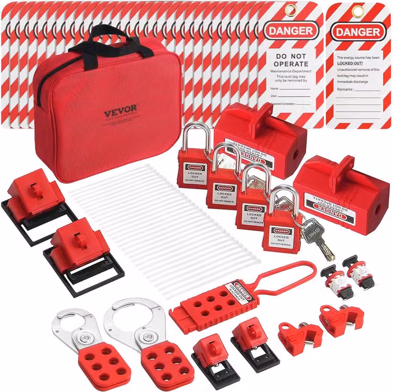 Kit di blocco elettrico e segnalazione, kit di sicurezza Loto da 47 pezzi che include lucchetti, cerniere, etichette, fascette in nylon, blocchi per spine, blocchi per interruttori automatici e borsa per il trasporto, per uso industriale ed elettrico.