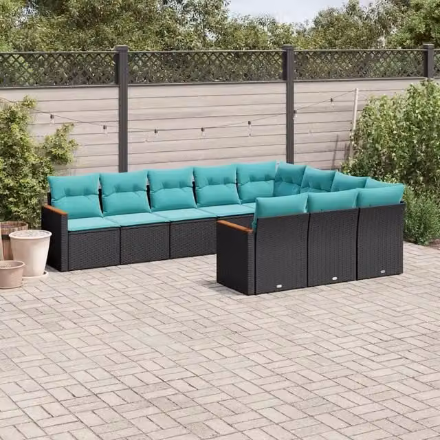 Set Divani da Giardino 10 pz con Cuscini Nero in Polyrattan 3226337