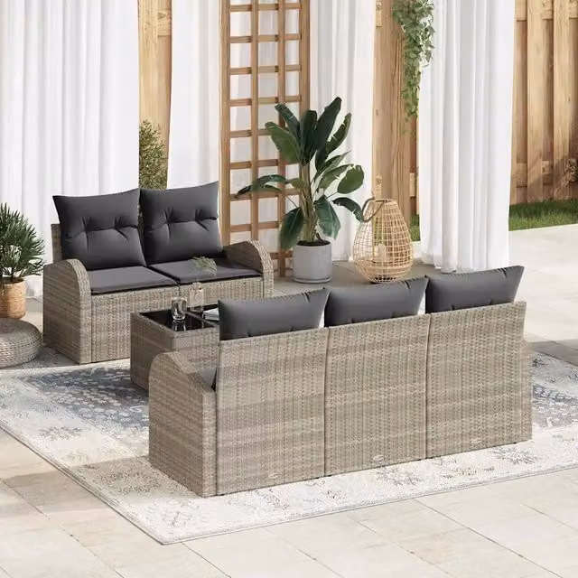 Set da giardino vidaXL a forma di L composto da 6 pezzi con divano a 3 posti, tavolino da caffè e cuscini imbottiti, colore grigio