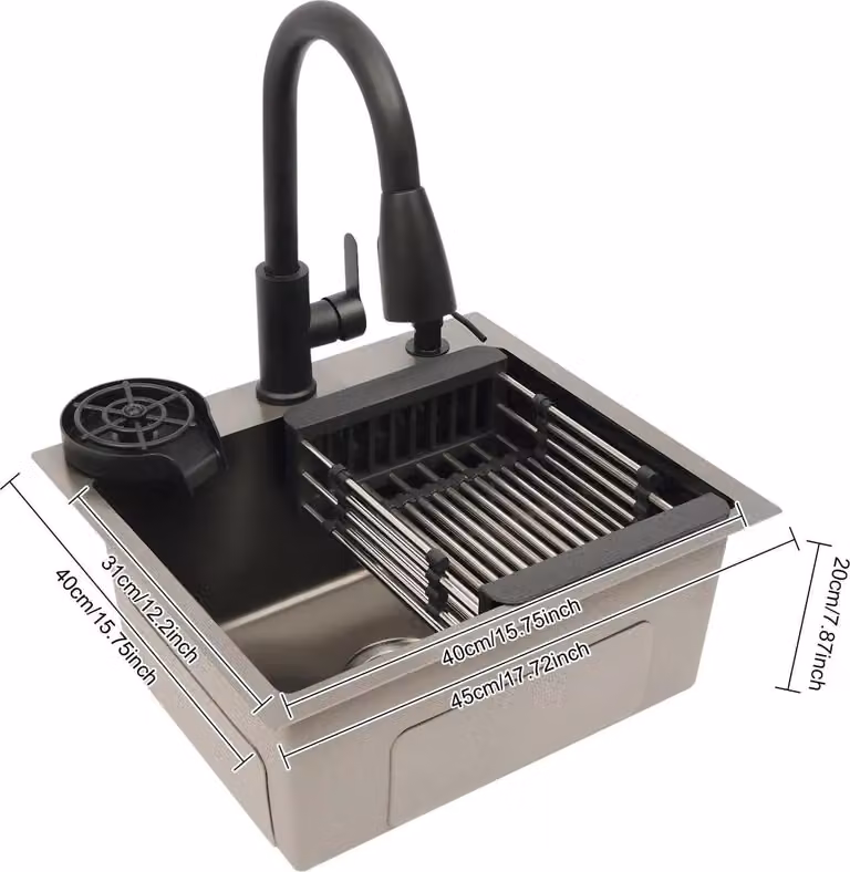 Lavello da cucina - Vasca singola con rubinetto estraibile a 360° - Dimensioni 45x40 cm - Getto/doccetta - Acciaio inossidabile 201 con rivestimento nano - Dispenser per sapone da 300 ml e scolapiatti ≤100 mm - Nero