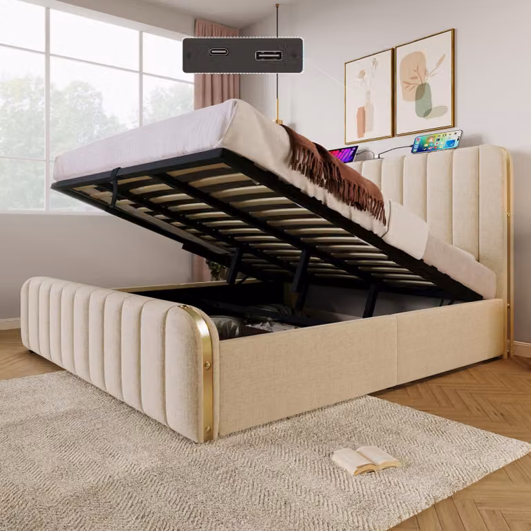 Letto imbottito 180x200 cm con testiera imbottita, funzione di ricarica USB di tipo C, spazio contenitore ad apertura idraulica e finiture dorate, rivestito in lino color beige