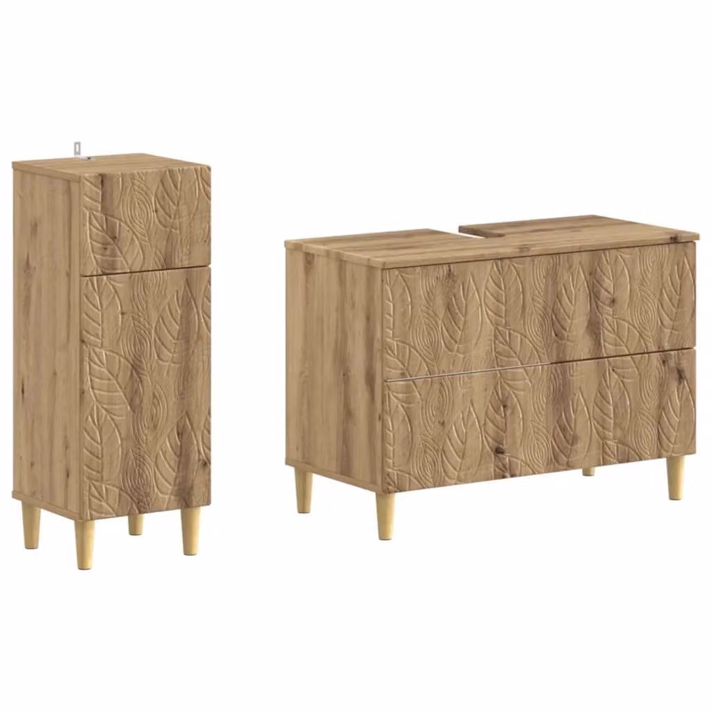 Set di mobili da bagno moderno vidaXL composto da mobile lavabo e mobile contenitore in legno color rovere marrone con ante a cerniera e ripiani interni – 2