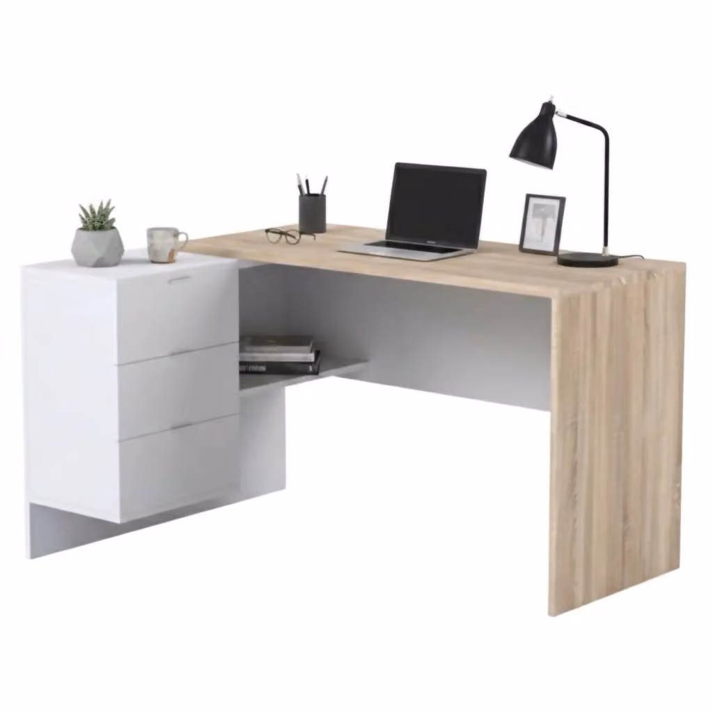 Scrivania angolare moderna Agnello DMORA con 2 cassetti, Marrone Rovere e Bianco, L: 145 cm, P: 108 cm, H: 73 cm – 2