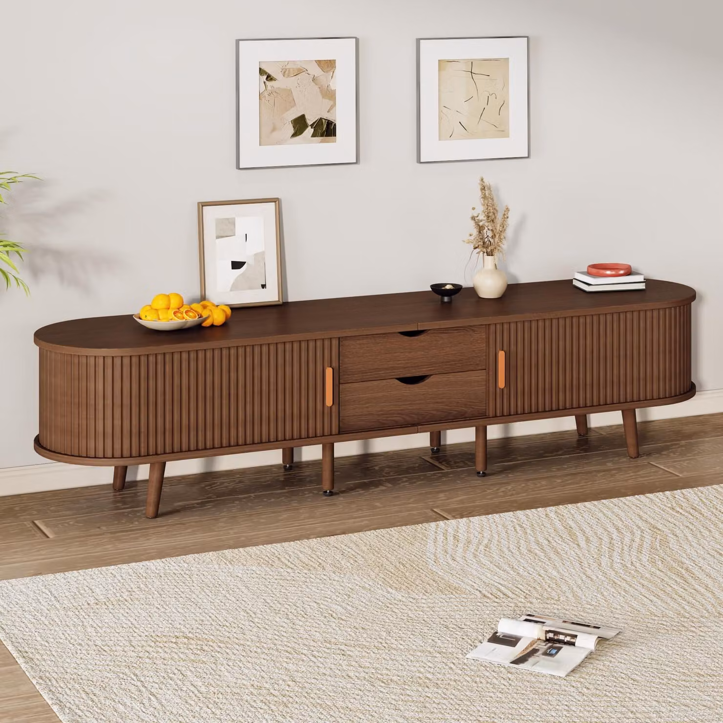 okwish, mobiletto basso marrone, 170 x 40 x 42 cm, con 2 cassetti, mobile TV con ante a scorrimento telescopico, pensile per televisore da 75 pollici