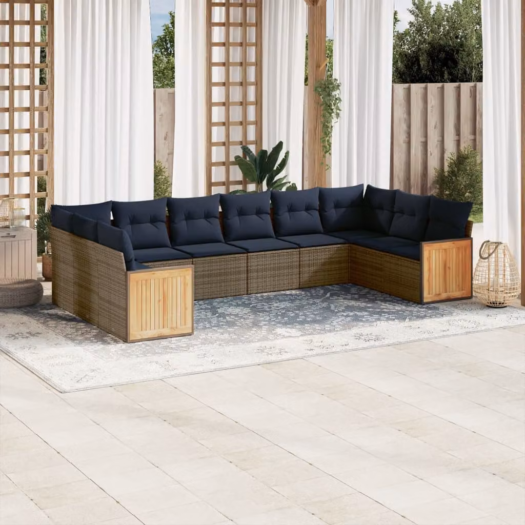 Set di divani da giardino vidaXL a forma di L composto da 10 pezzi con cuscini in polyrattan e struttura in metallo, colore grigio e blu