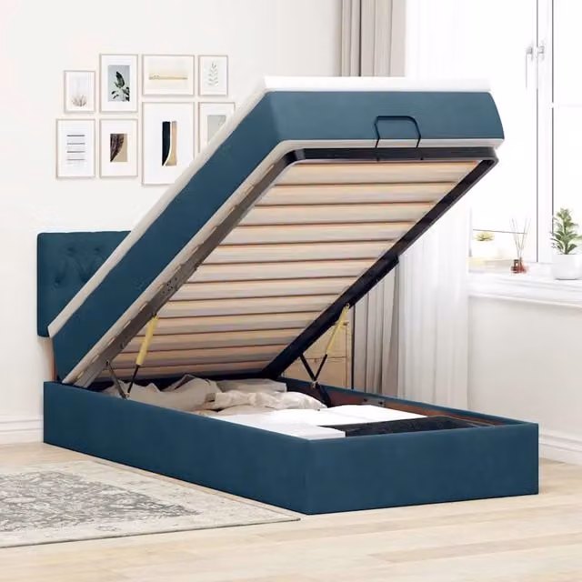 Letto con contenitore a sollevamento vidaXL in velluto blu con materasso e porta USB L: 90 cm, P: 193 cm, H: 88 cm – 1
