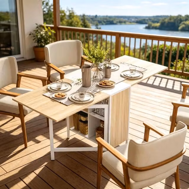 Tavolo da pranzo pieghevole su uno o due lati con 4 vani in MDF e acciaio bianco e rovere chiaro
