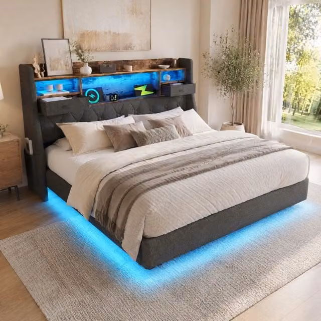 Letto 140x200 cm con materasso, LED, USB e USB-C, rivestimento in lino grigio