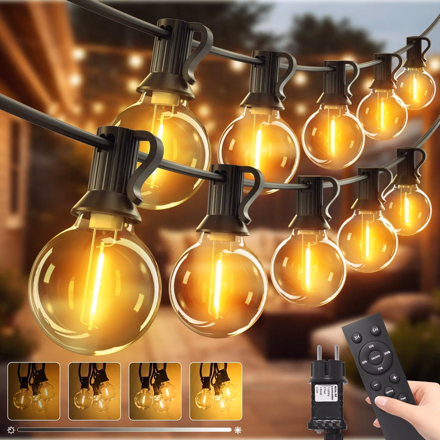 Set da 2, catene luminose LED da 10 metri per uso esterno, con telecomando, timer e luce bianco caldo