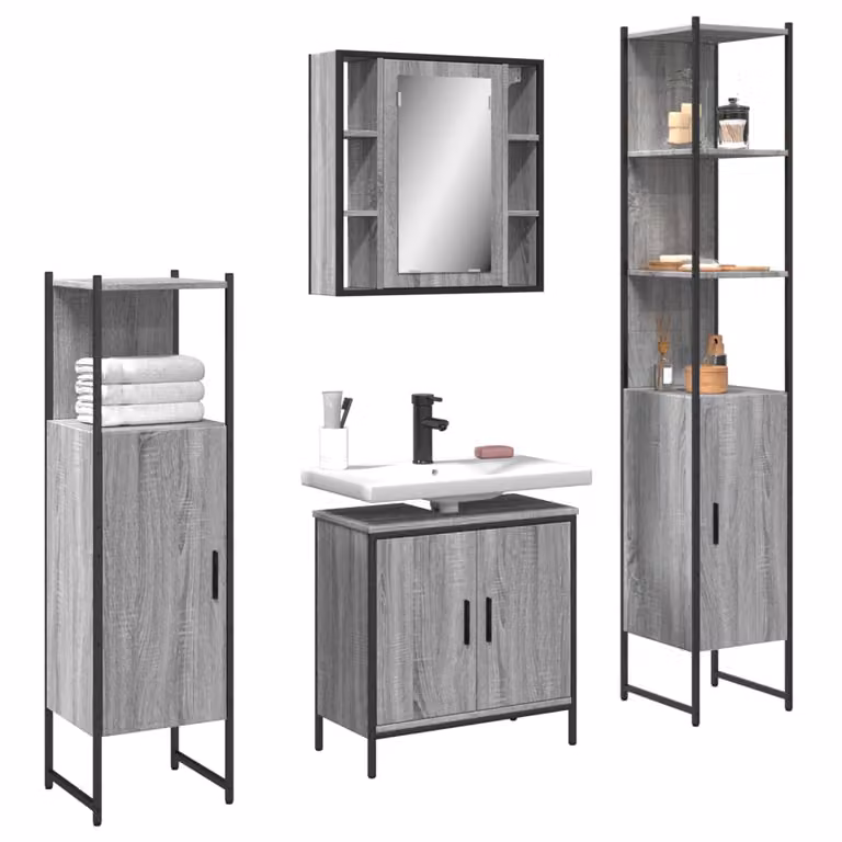 Set di mobili da bagno vidaXL 4 pezzi moderno grigio con specchiera, mobile lavabo, colonna alta e mobile laterale in legno e metallo