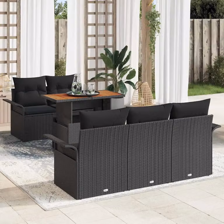 Set Divano da Giardino vidaXL 6 Pezzi in Polyrattan Nero con Cuscini e Tavolino