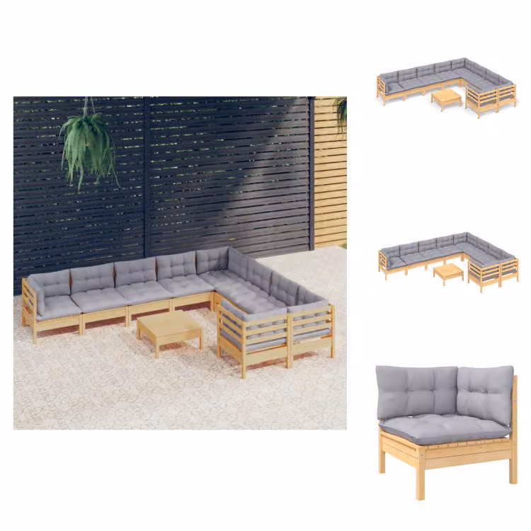 vidaXL Set di 10 pezzi da giardino con cuscini grigi in legno di pino - Set di mobili da giardino