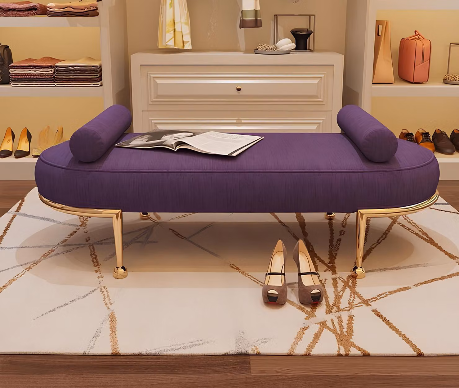 Sitz Polster Bank Polster Sitz Hocker Textil Stoff Holz Stil Design Möbel Lila