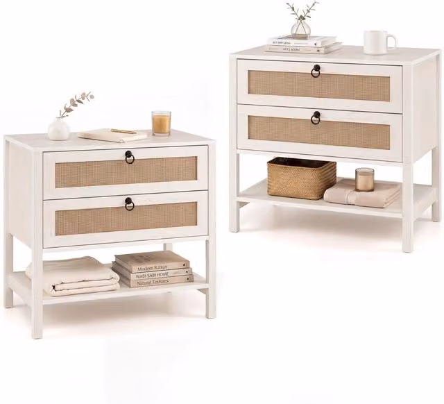 Set di 2 comodino camera da letto bianco con 2 cassetti e 1 ripiano aperto, Tavolino laterale da divano camera per salotto