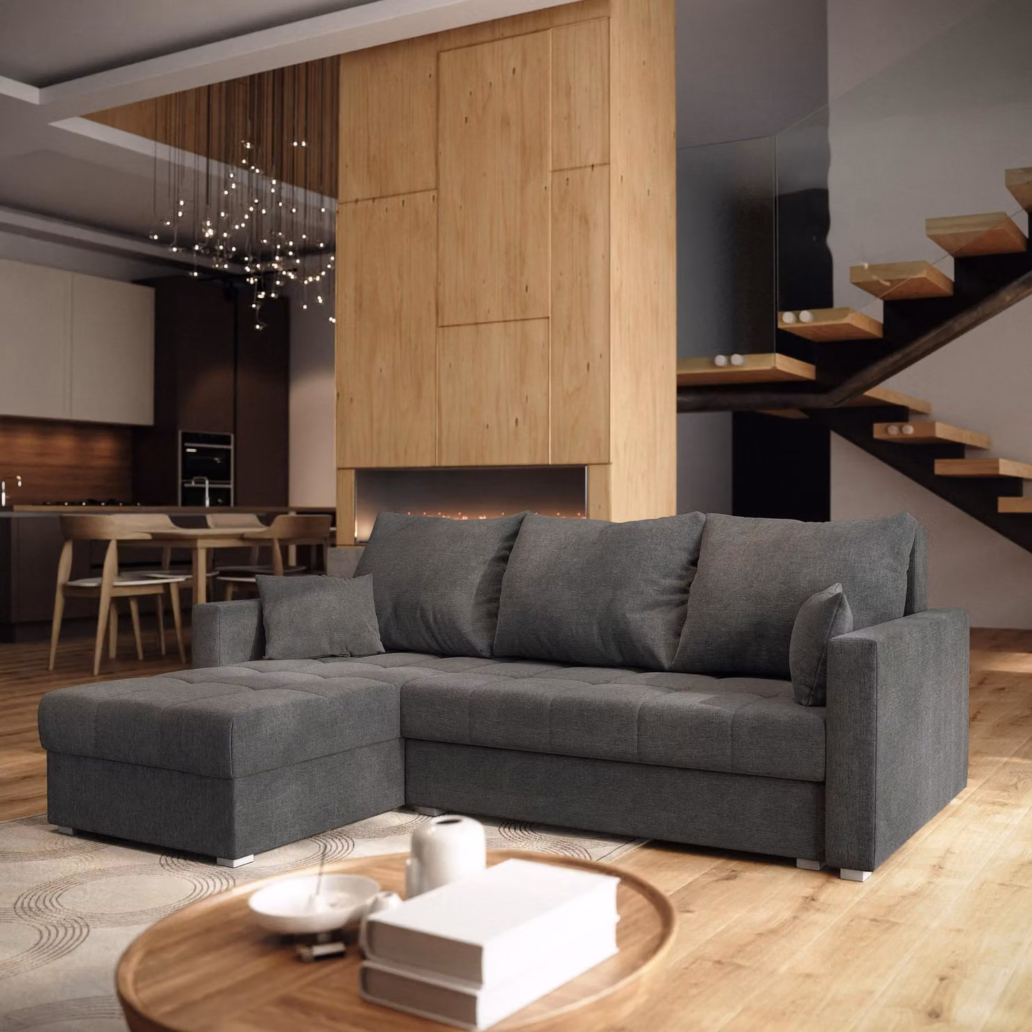 Divano angolare Masseno NIDA con funzione letto a L, divano con contenitore, divano da soggiorno, divano, divano, divano letto, set di divani - grigio, INARI 96